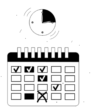 Clock showing 2:00 above a calendar with marked and checked days.