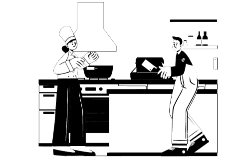 Chef and skater interacting in a kitchen, holding a tablet.