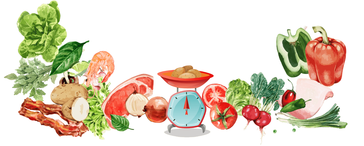 Colorful assortment of vegetables, meats, and seafood surrounding a kitchen scale.