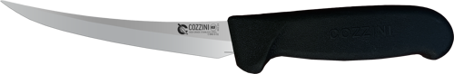 Curved boning knife with a black handle and narrow blade.