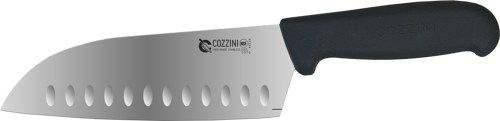 Santoku knife with a black handle and oval cutouts on the blade.