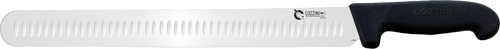 Long slicing knife with a black handle and hollow edge blade.