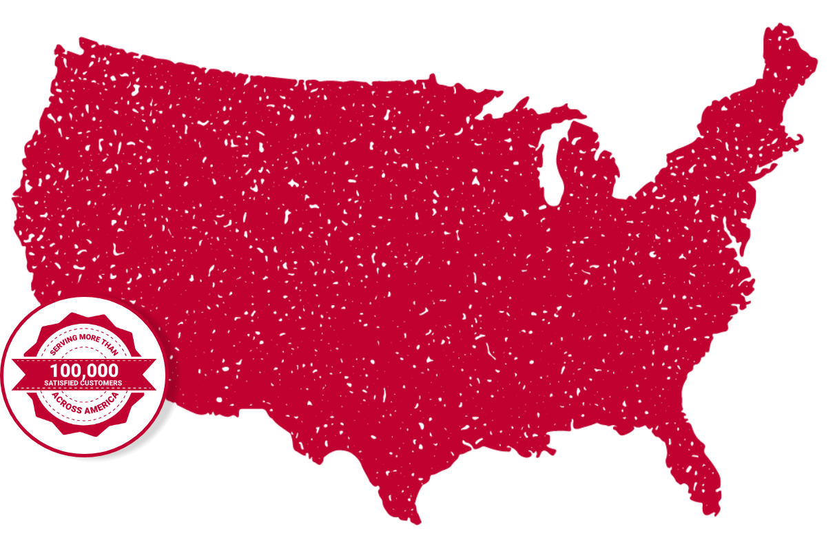 Red map of the U.S. with badge showing 100,000+ satisfied customers nationwide.