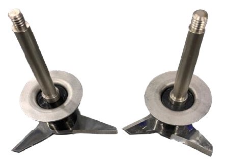 Twin tri-blade shafts with threaded tops for food processor.