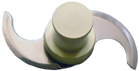 Curved dual blade with light plastic hub for food processor.