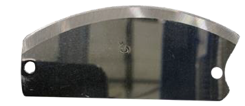 Curved blade with two mounting holes on opposite ends.