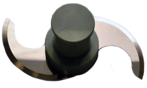Dual curved blade with dark plastic hub for food processor.