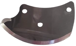 Curved serrated blade with three mounting holes.