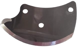 Curved serrated blade with three mounting holes.