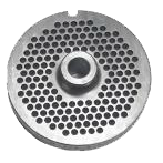 Meat grinder plate with multiple perforations and central mount.