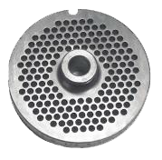 Meat grinder plate with multiple perforations and central mount.