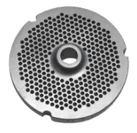 Meat grinder plate with multiple perforations and central mount.