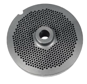Meat grinder plate with multiple perforations and central mount.