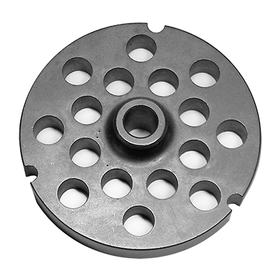 Meat grinder plate with large round holes and central hub.