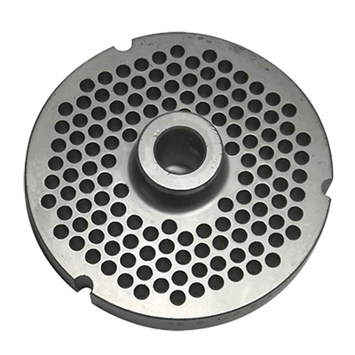 Meat grinder plate with medium-sized round holes.
