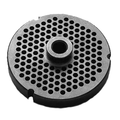 Meat grinder plate with small round holes and central hub.