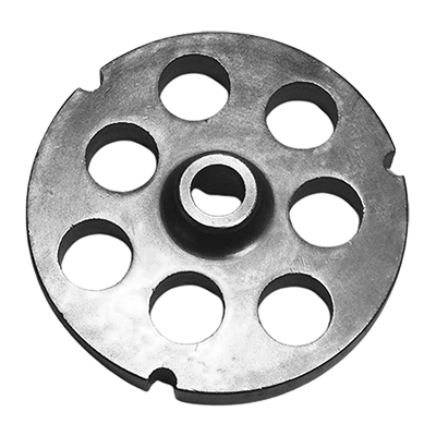 Meat grinder plate with 8 extra-large holes and center hub.