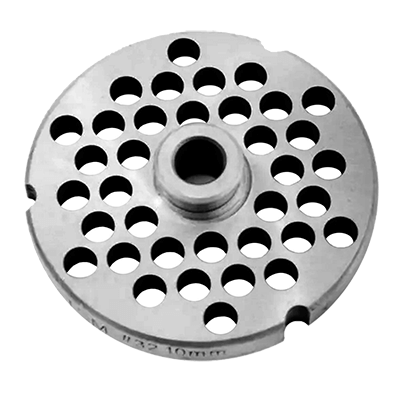 Meat grinder plate with large perforations and central hub.