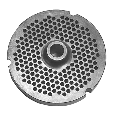 Stainless steel meat grinder plate with fine holes.