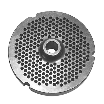 Meat grinder plate with extra-fine perforations and center hub.