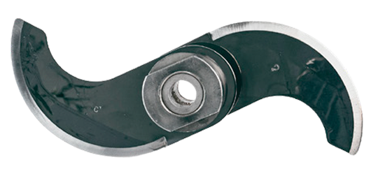 Curved dual metal blade with central mount for food processing.
