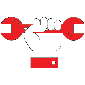 White hand holding a red wrench, symbolizing repair or labor.