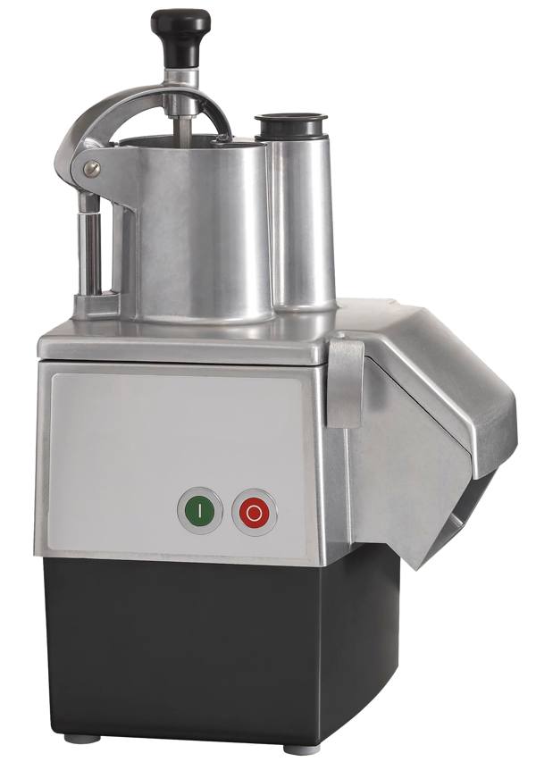 Commercial vegetable cutter with dual chute and push handle.