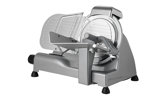 Electric meat slicer with adjustable thickness and safety guard.