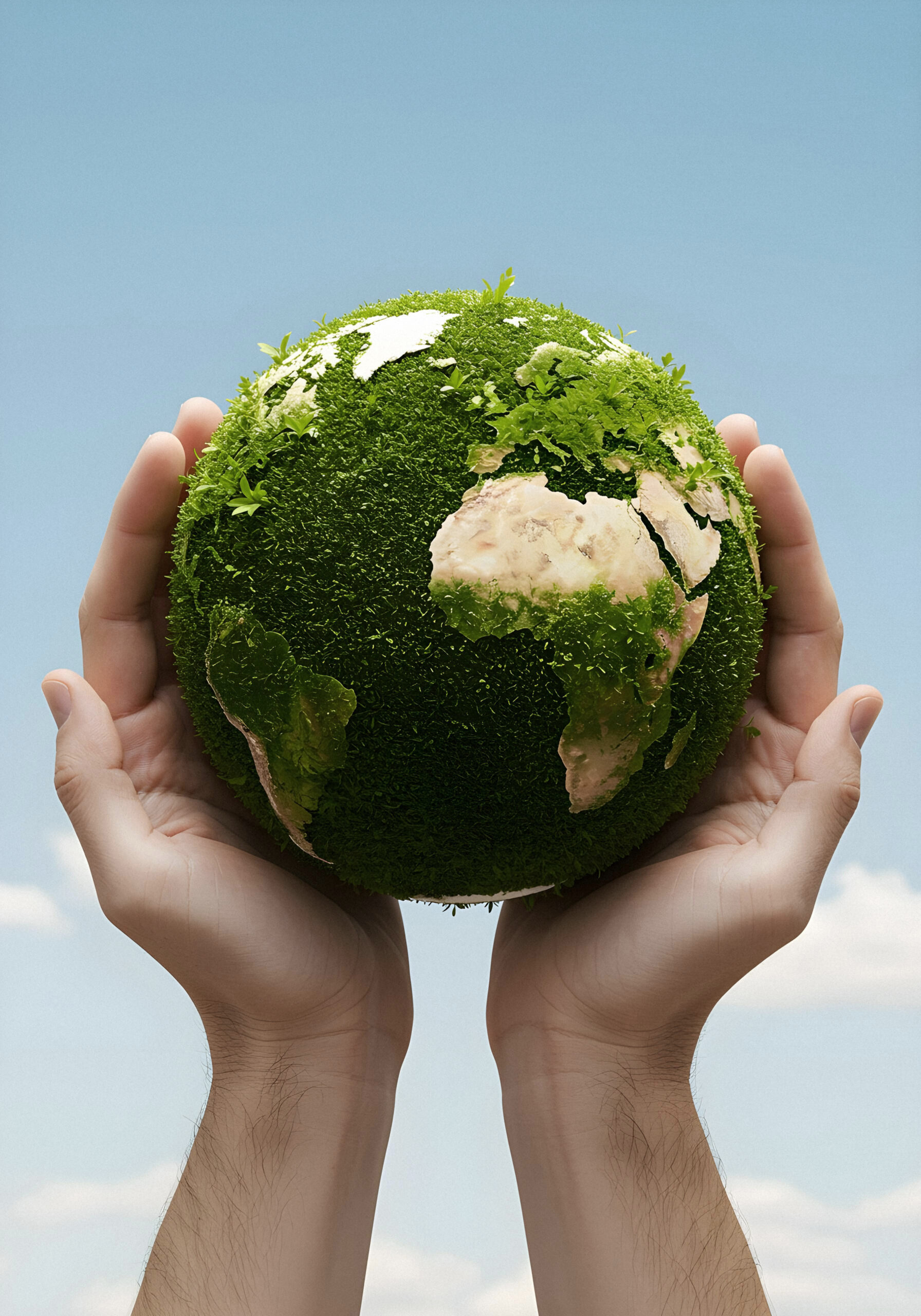 Hands cradling a mossy green globe