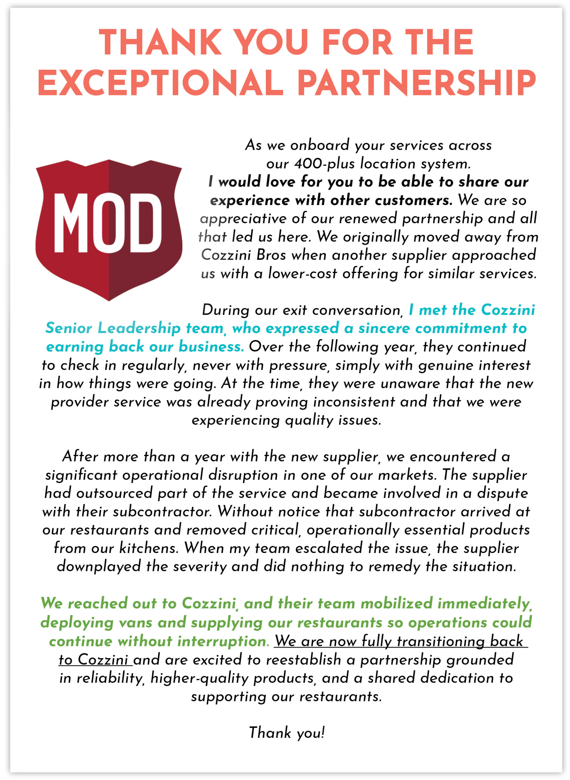 MOD Pizza letter to Cozzini Bros — Thank You for the Exceptional Partnership