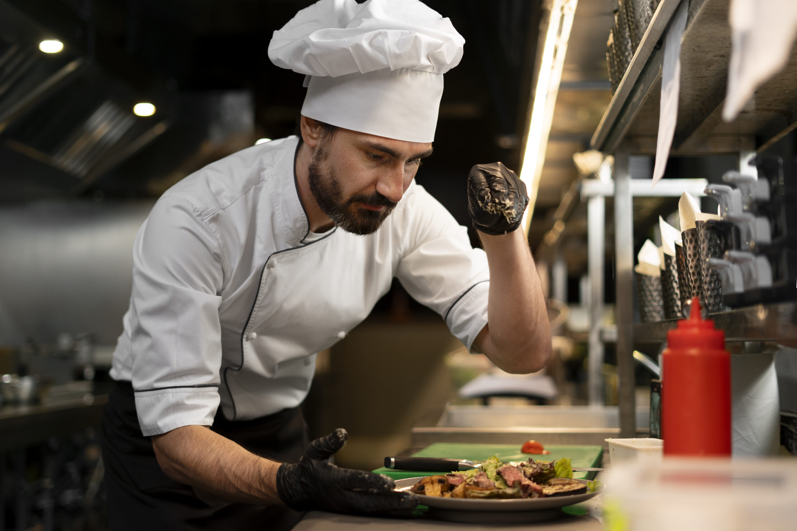 Professional chef working a line in a fine-dining kitchen