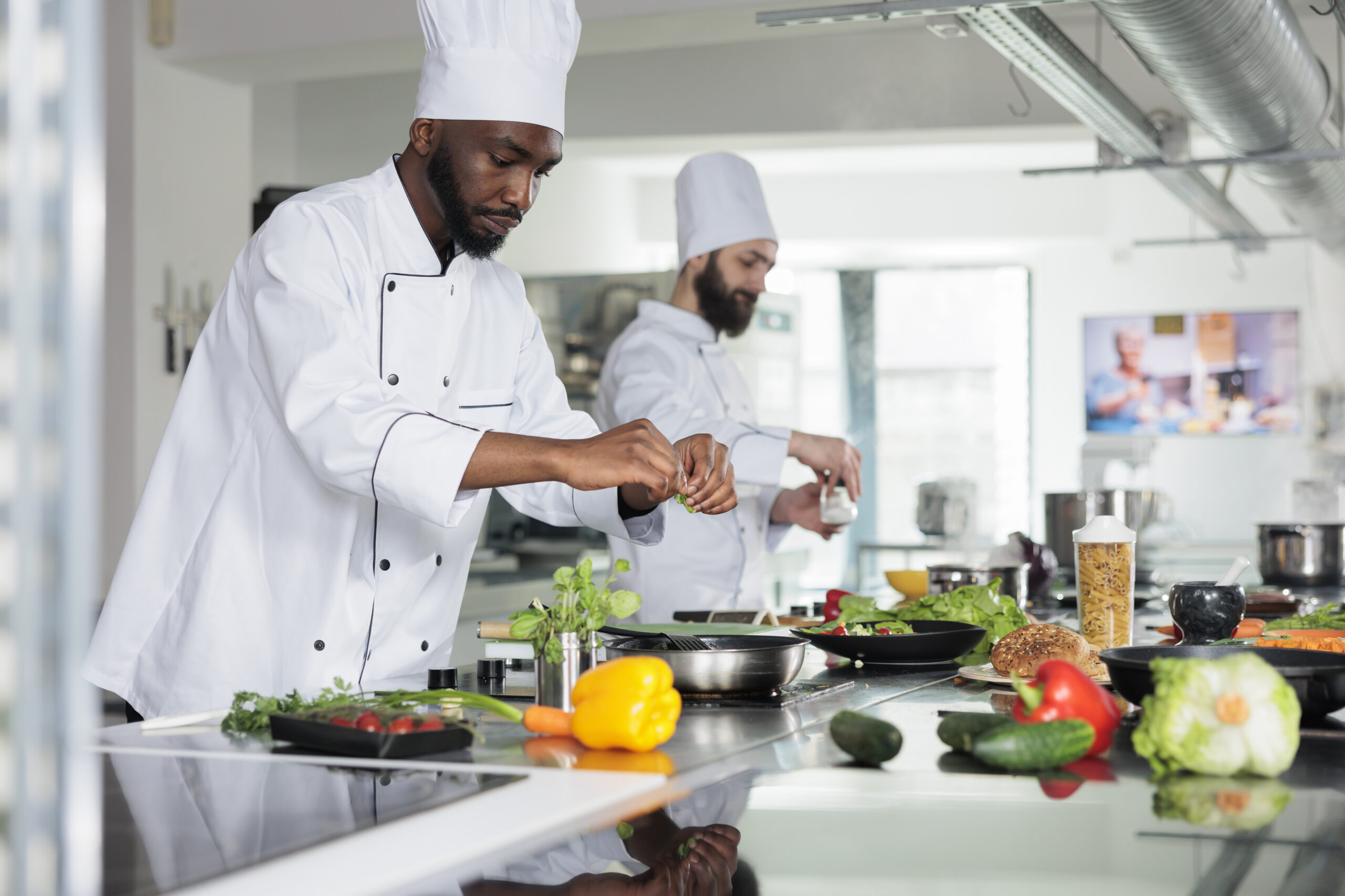 Head chef preparing a gourmet dish in a restaurant kitchen