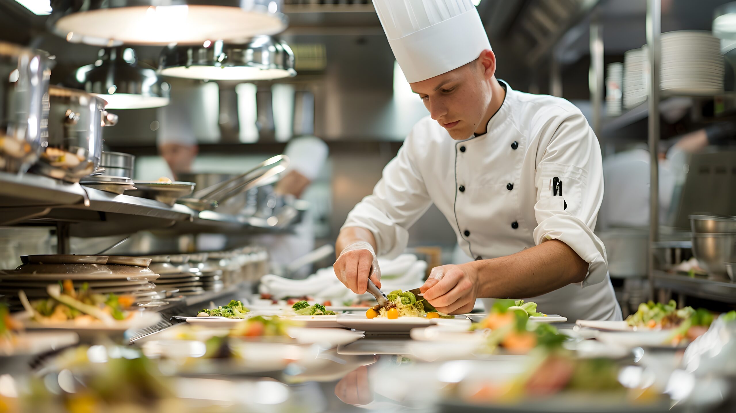 Skilled chef plating gourmet dishes in a bustling commercial kitchen